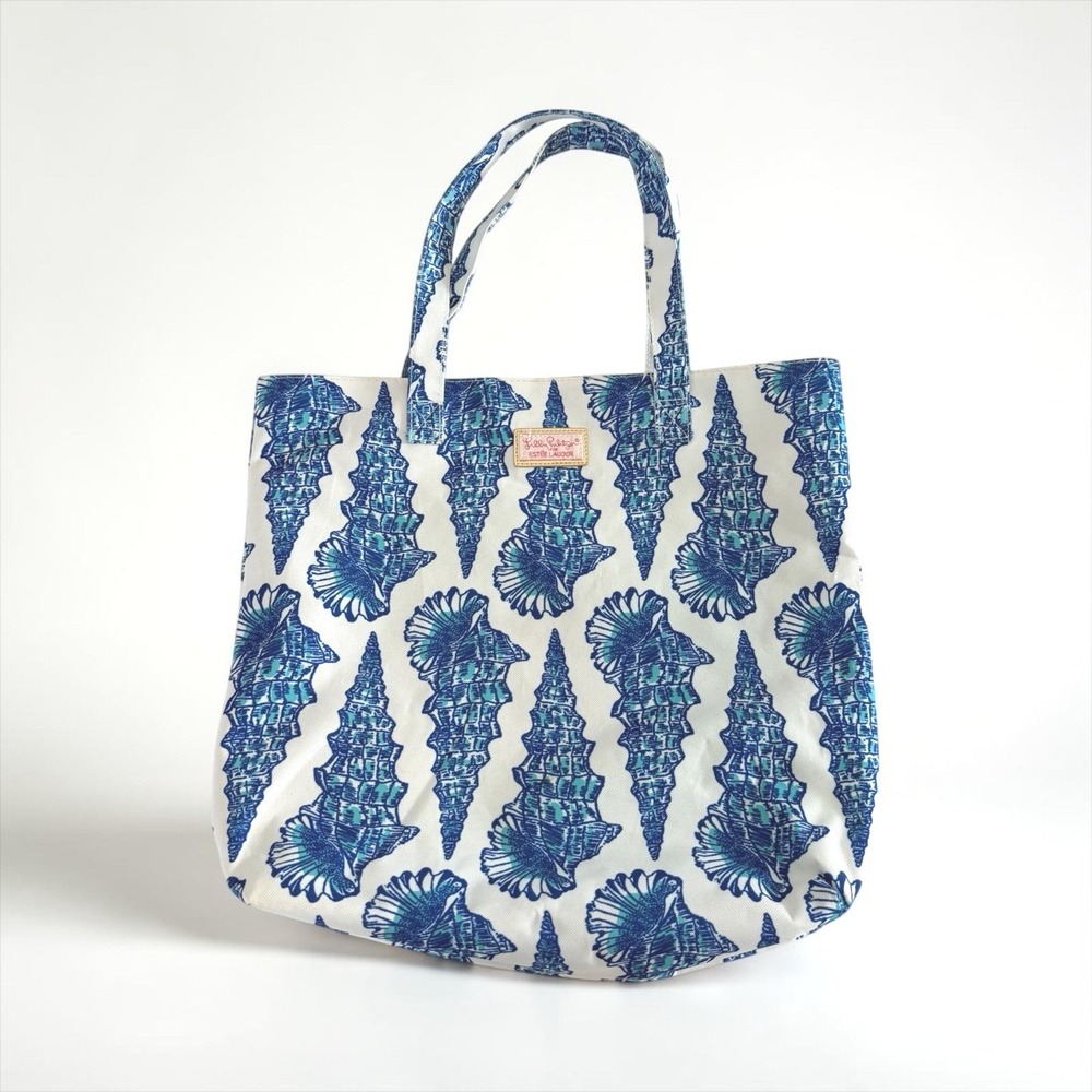 Lilly Pulitzer Estee Lauder Canvas Tote Bag Blue Teal Seashell Print Beach Bag